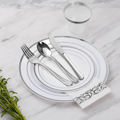 Goodluck 350 Pieces Gold Dinnerware Set for 50 Guests, Plastic Plates Disposable for Party, Include: 50 Gold Rim Dinner Plates, 50 Dessert Plates, 50 Paper Napkins, 50 Cups, 50 Gold Silverware Set