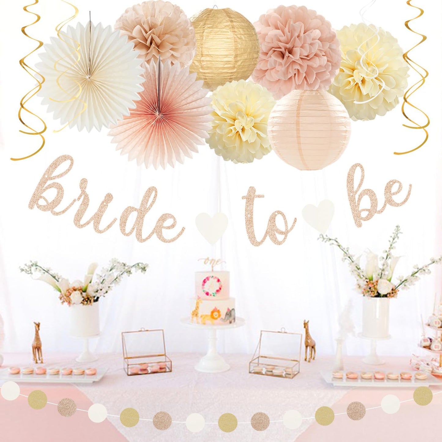 Champagne-Gold Beige Fall Baby-Shower Party-Decorations - 36pcs Welcome Home Banner Sign,Neutral Paper Lanterns,Girl Streamers Garland,Boho Hanging Tissue Pom Poms Flowers Fans Backdrop Decor Burgleda