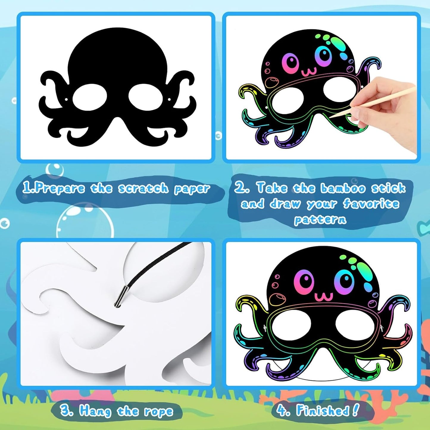 AUGSUN 30PCS Ocean Crafts, Colorful Ocean Animals Scratch Masks DIY Under The Sea Scratch Off Cards Magic Rainbow Scratch Art Summer Party Favors School Activities
