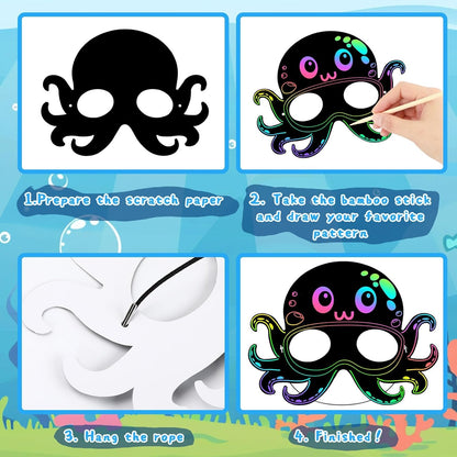 AUGSUN 30PCS Ocean Crafts, Colorful Ocean Animals Scratch Masks DIY Under The Sea Scratch Off Cards Magic Rainbow Scratch Art Summer Party Favors School Activities