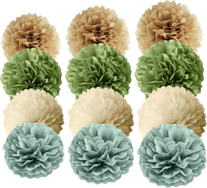 Yucenora 12 PCS Boho Paper Pom Poms, Sage Green Cream Tissue Paper Flowers Decorations Wall Hanging for Wedding, Birthday, Bridal Shower Decor(Sage Green)