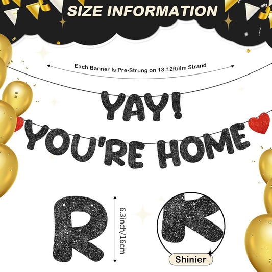 Fulmoon Pre Strung Yay You're Home Banner Glitter Welcome Home Party Decorations Funny Welcome Sign for Women Men Back to School Military Army Returning Party Sign(Champagne Gold)