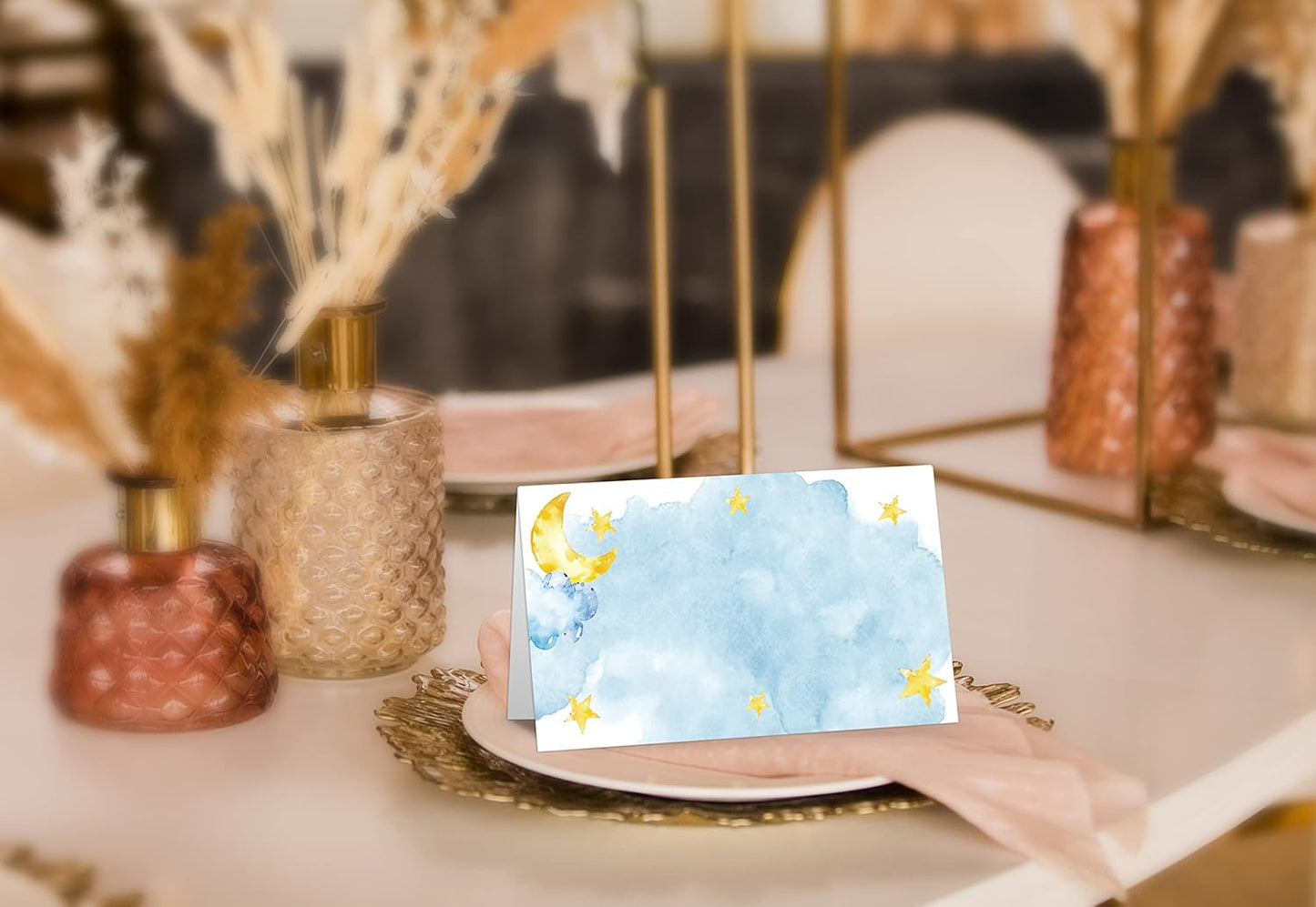 Table Place Card for Baby Shower, 25 Pcs Tent Cards Set with Moon and Stars Design, Editable Name Cards for Table Seating, Sleepover Party Food Lables, Twinkle Little Star Baby Shower Decorations(07)