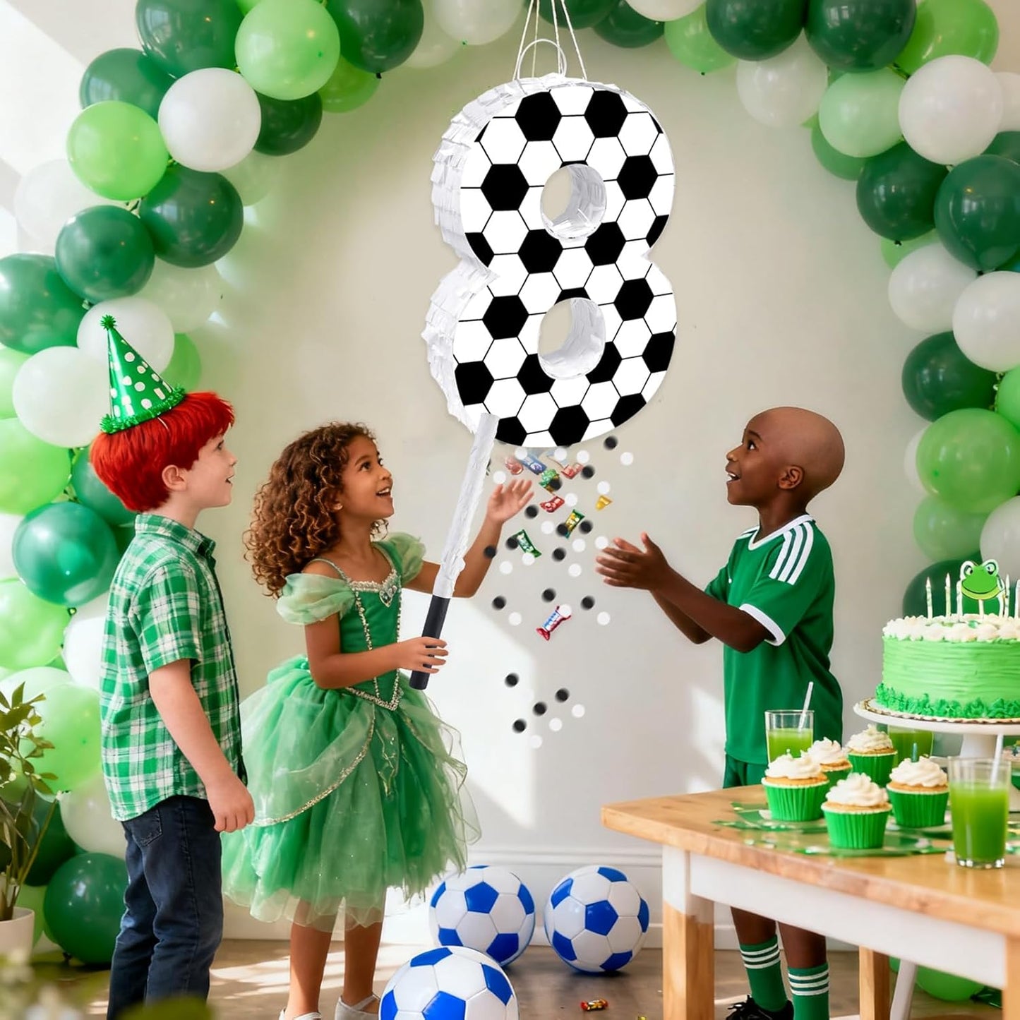 16Inch Soccer Ball Number 9 Piñata Includes Wooden Stick, Blindfold, and Confetti for for Kids 7th Anniversary Sport Themed Party Birthday Supplies