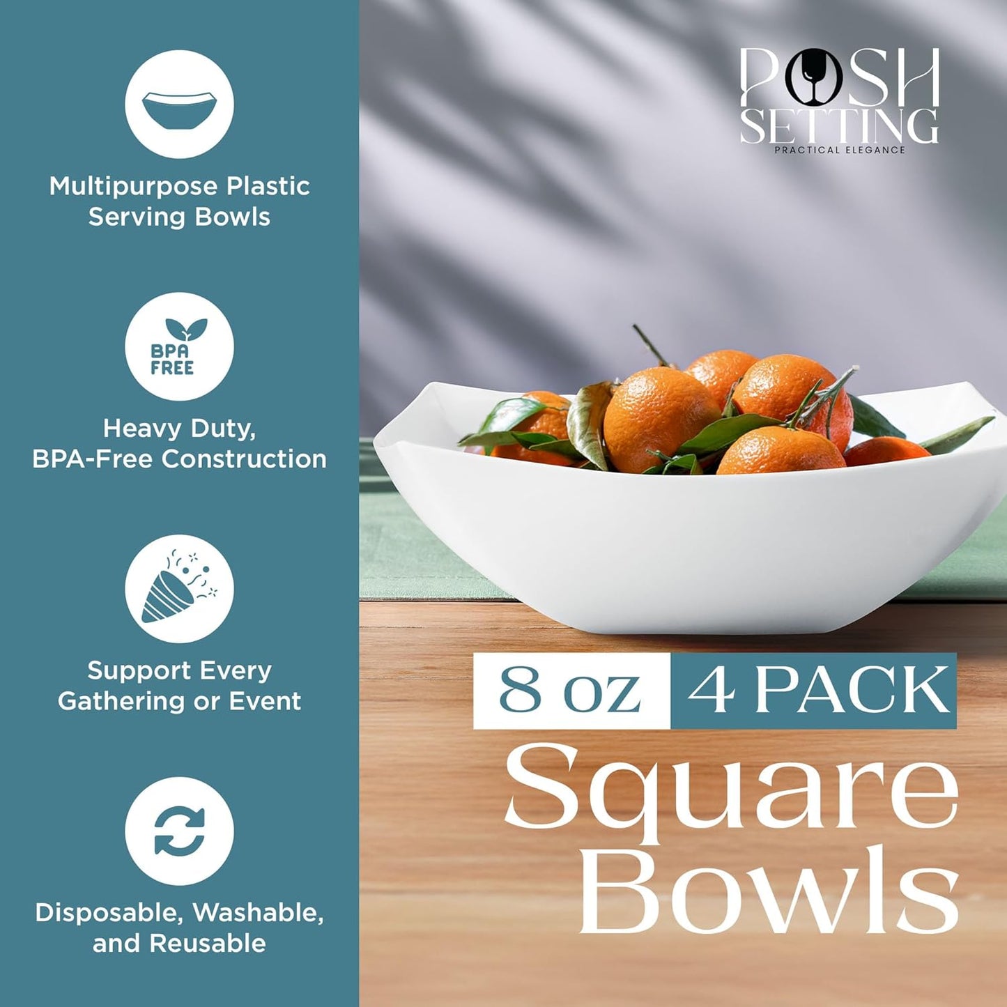 Posh Setting - Clear Plastic Serving Bowls for Party (8oz - 4 Pack) Square, Disposable, Salad & Fruit Bowls for Party Table, Candy Containers for Candy Buffet