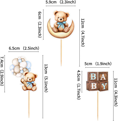 36Pcs Blue Baby Bear Cupcake Toppers Balloon Teddy Bears Cupcake Picks for Blue Baby Shower Gender Reveal Boys Bearly Birthday Cupcake Decorations We Can Bearly Wait Party Decorations Supplies