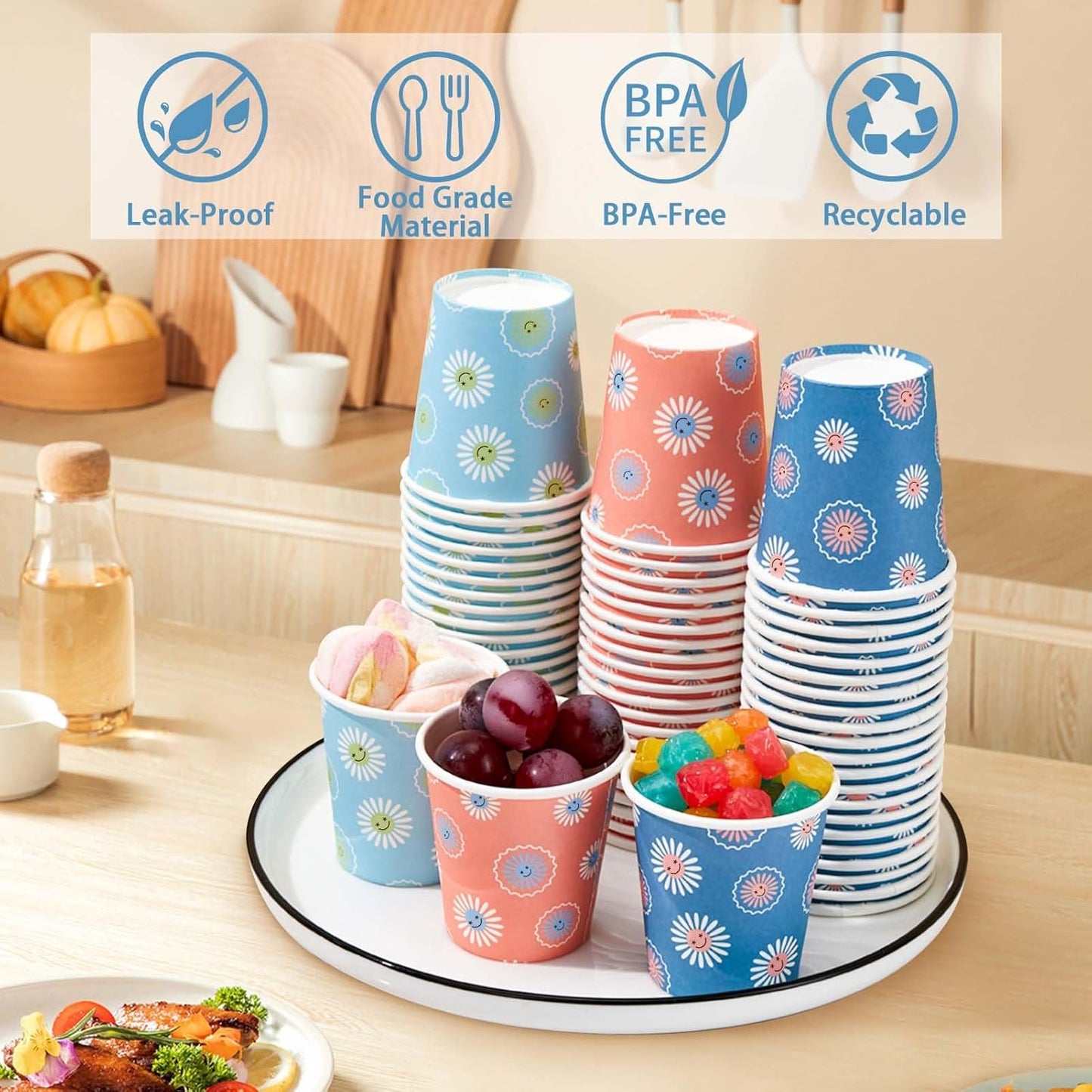 SIUQ 300 Pack Paper Cups 8 oz, Disposable Coffee Cups, Paper Coffee Cups 8 oz, Colourful Hot/Cold Beverage Drinking Cup for Water Juice or Tea, Office Party Home Travel - Daisy
