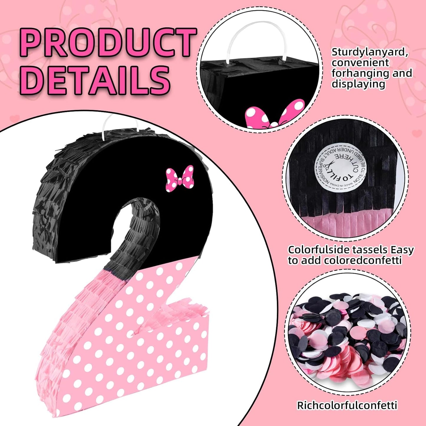 15.7 x 11.5 x 3 Inch Pink Bow Number 2 Pinata,Pink Bow Birthday Decorations, Fillable Hanging Piñata with Stick Blindfold Confetti for Girls Boys 2nd Anniversary Party Decorations