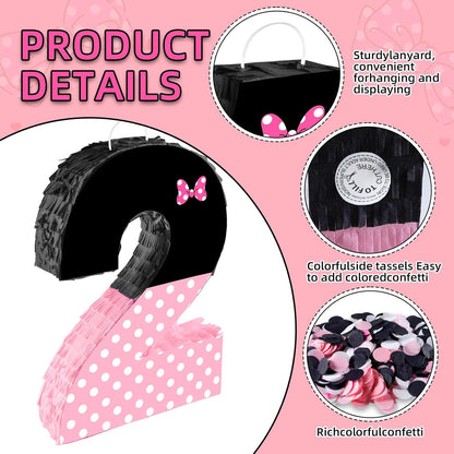 15.7 x 11.5 x 3 Inch Pink Bow Number 2 Pinata,Pink Bow Birthday Decorations, Fillable Hanging Piñata with Stick Blindfold Confetti for Girls Boys 2nd Anniversary Party Decorations