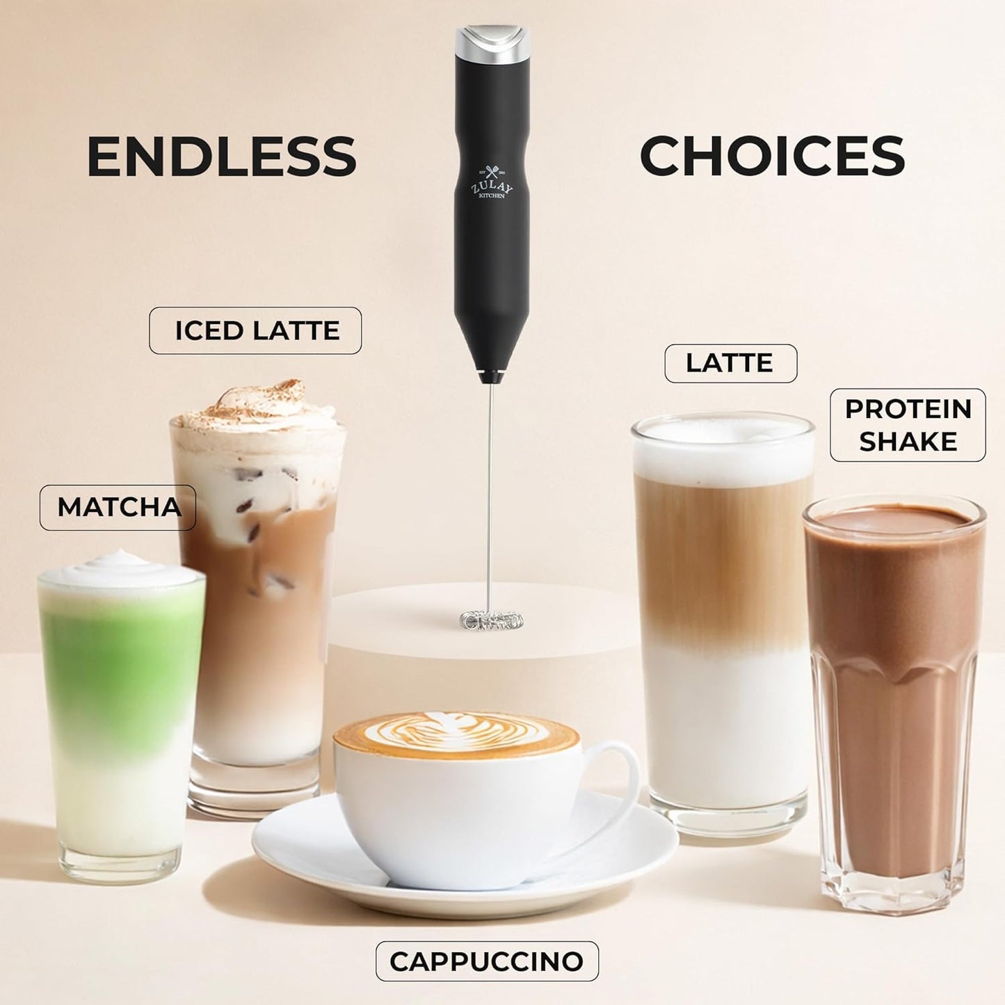 Zulay Kitchen Powerful Milk Frother AA Batteries Included – Ultra Fast Handheld Drink Mixer with Stainless Steel Whisk Stirrer for Coffee, Protein, Matcha & More, Frother Wand Electric Frothmate Black - Colors E