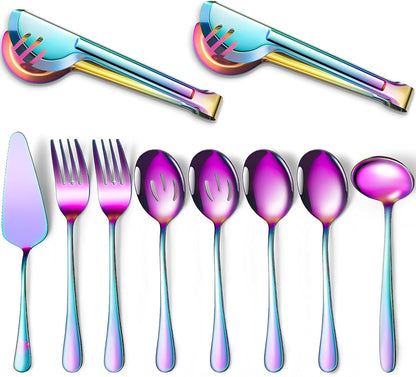 Patelai Serving Utensils Set Include Stainless Steel Large Spoons Slotted Spoons Forks Tongs Soup Ladle and Pie Server for Parties Buffet Catering, Dishwasher Safe(Silver,10 Pieces)