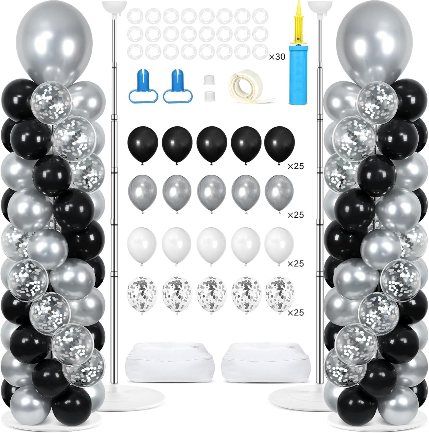 2 Set Black and Gold Balloons Column Stand Kit with 100 Balloons Adjustable Balloon Stand with Bases for Floor Black Gold Confetti Balloon Column Kit for Bridal Shower Valentine Birthday Party Decor