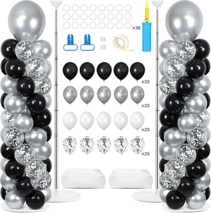 2 Set Black and Gold Balloons Column Stand Kit with 100 Balloons Adjustable Balloon Stand with Bases for Floor Black Gold Confetti Balloon Column Kit for Bridal Shower Valentine Birthday Party Decor