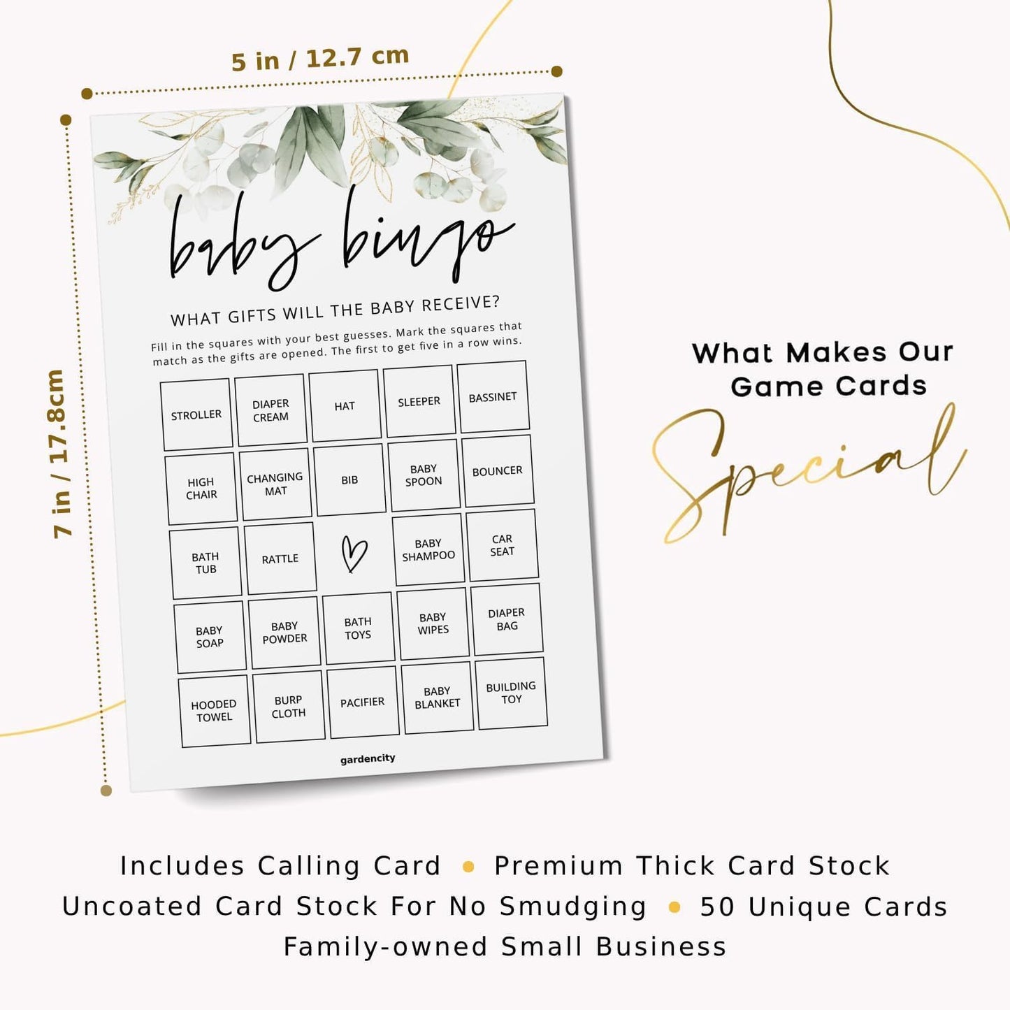 GardenCity Baby Bingo, Fun Baby Shower Games for Girl (50 Unique Cards), Pre-Filled, Perforated Calling Cards, Gender Neutral (Wildflower)