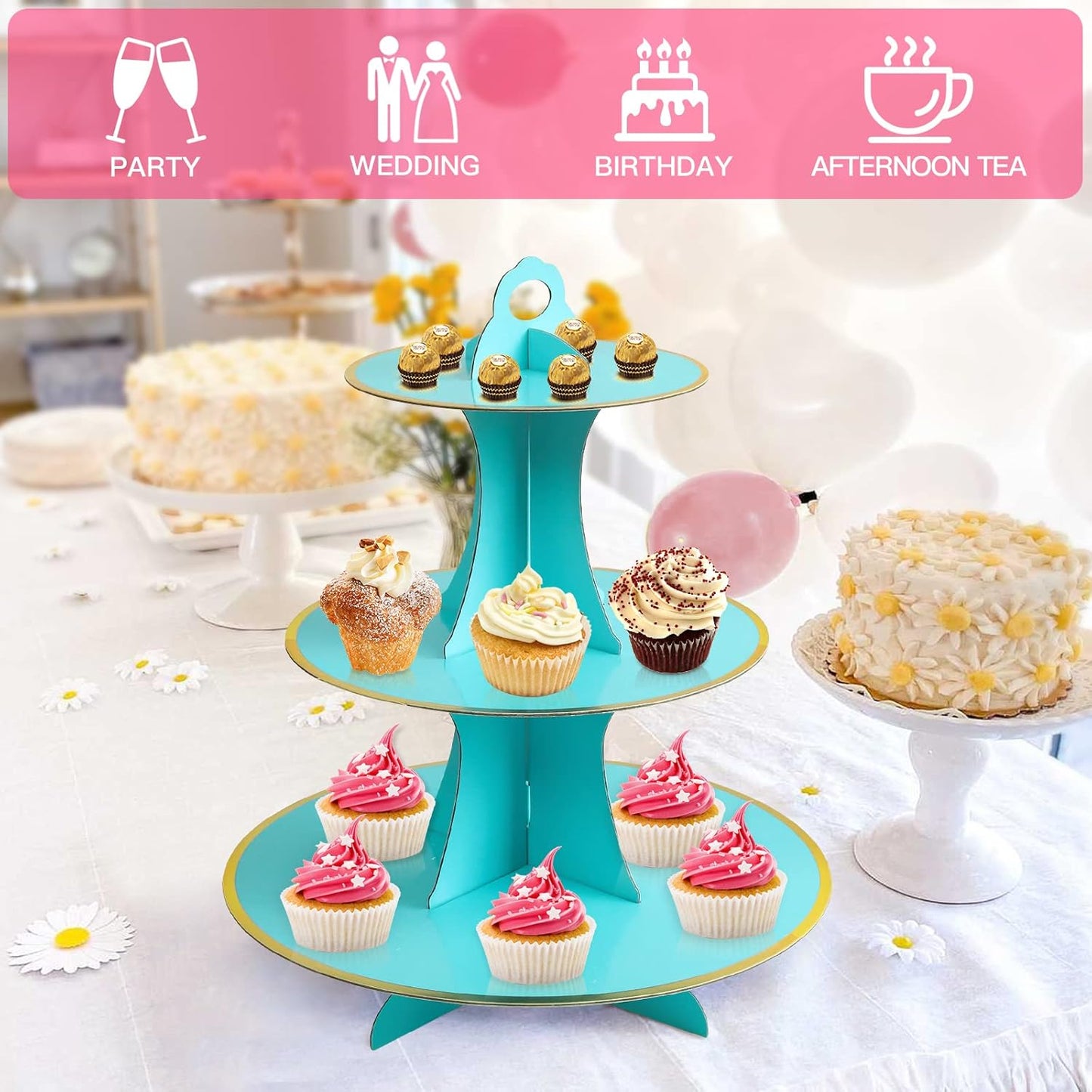 Soleebee 3-Tier Round Cupcake Stand, Cardboard Cupcake Tower, Dessert Cup Cake Stand Tower for Birthday Wedding Party Decoration, Cupcake Tier Stand 1 Set (Hot Pink)