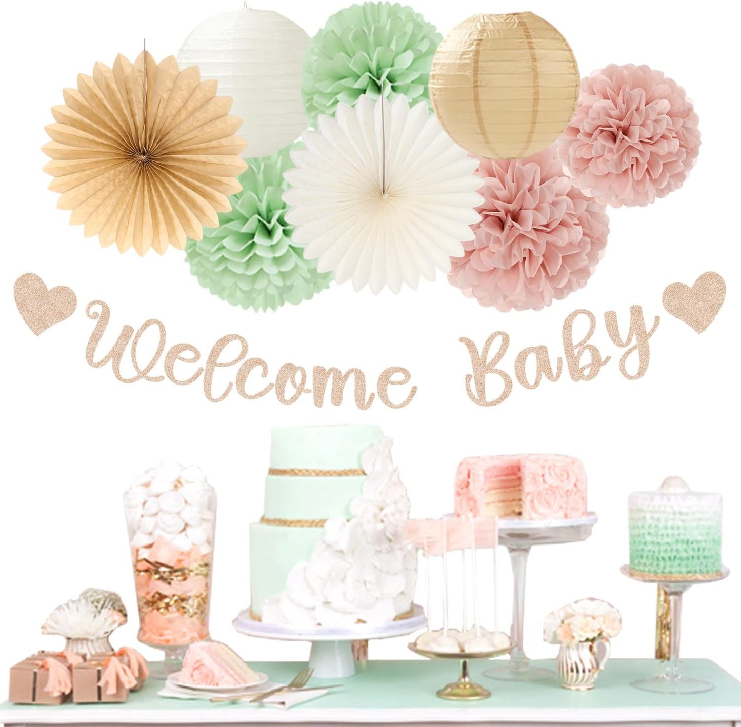 Champagne-Gold Beige Fall Baby-Shower Party-Decorations - 36pcs Welcome Home Banner Sign,Neutral Paper Lanterns,Girl Streamers Garland,Boho Hanging Tissue Pom Poms Flowers Fans Backdrop Decor Burgleda