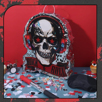 Rock and Roll Skeleton Piñata with Headphones Design Blindfold Hitting Stick Confetti for Music Themed Birthday Party (15.56 x 13.19 x 2.76 inch)