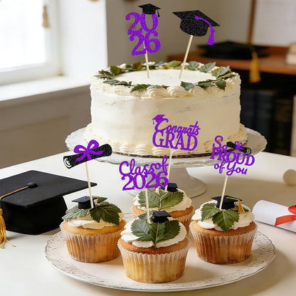 24 Pcs Graduation Cupcake Toppers 2026 - Congrats Grad Decorations Class of 2026, Pre-Assembled Black Gold Grad Cake Topper Centerpieces for Graduation Party Decoration Supplies Table Decor, 6 Styles