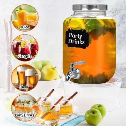 Bululuo Glass Drinks Dispenser for Parties, 2 PACK 1 Gallon Beverage Dispenser with Stand for Juice and Iced Tea, Water Jug Dispenser for Lemonade, Party Essential Beverage Pitcher with Spout