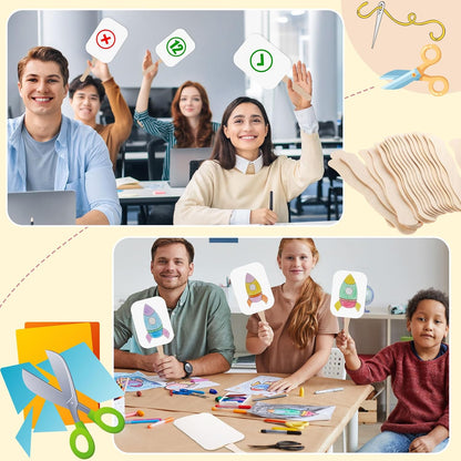 TaoBary 50 Pieces DIY Paper Church Fans Handheld Set Fan Sticks Wooden Handle Craft Sticks Wavy with Blank White Cardstock Tape for Wedding Celebration