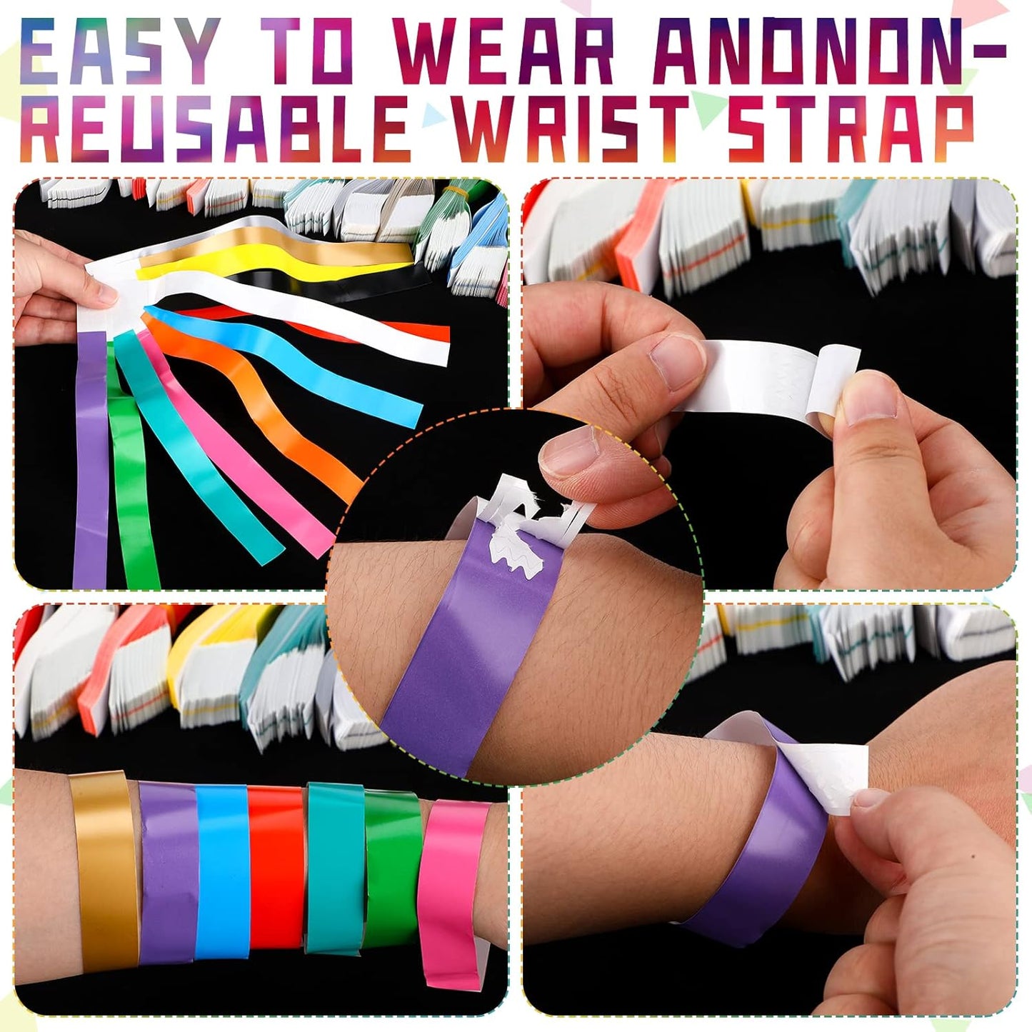 Tudomro 1200 Pack Plastic Paper Wristbands for Events Neon Party Wrist Bands Colored Waterproof Concert Identification Hand Bands Lightweight Adhesive Wristband(Yellow, Green, Blue, Red, Purple, Pink)