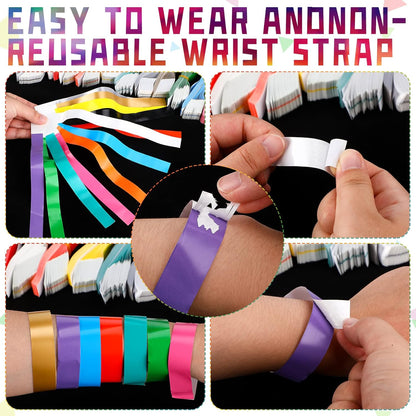 Tudomro 1200 Pack Plastic Paper Wristbands for Events Neon Party Wrist Bands Colored Waterproof Concert Identification Hand Bands Lightweight Adhesive Wristband(Yellow, Green, Blue, Red, Purple, Pink)