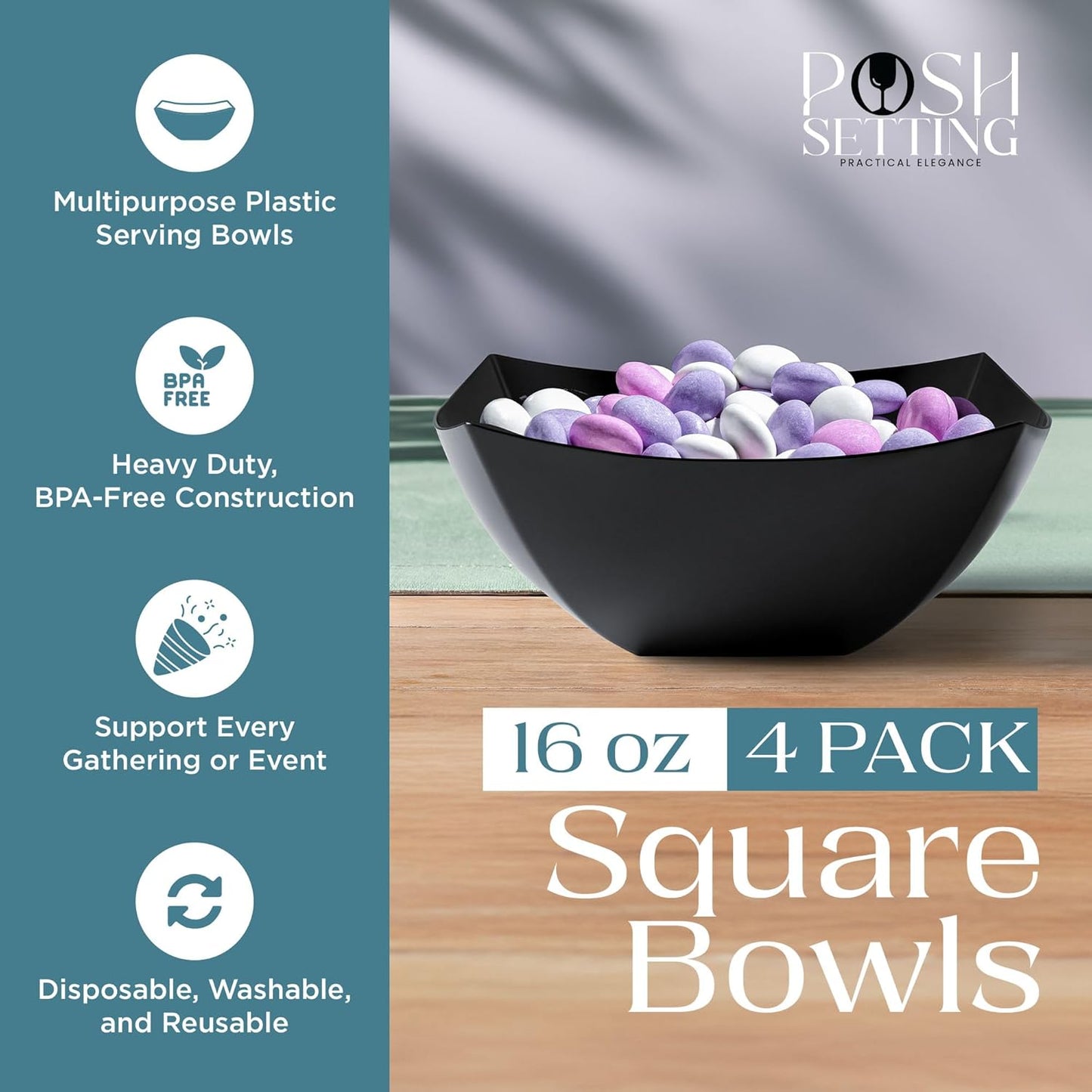 Posh Setting - Clear Plastic Serving Bowls for Party (8oz - 4 Pack) Square, Disposable, Salad & Fruit Bowls for Party Table, Candy Containers for Candy Buffet