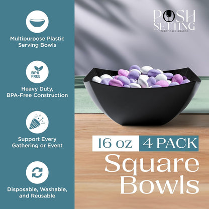 Posh Setting - Clear Plastic Serving Bowls for Party (8oz - 4 Pack) Square, Disposable, Salad & Fruit Bowls for Party Table, Candy Containers for Candy Buffet