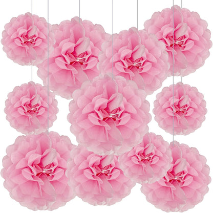 Tissue Paper Pom Poms, Pink Tissue Paper Flowers, Hanging Flower Balls for Weddings Fiesta Parties Birthday Baby Showers Classroom Bridal Shower Decoration (18Piece Set-6/10/12/14Inch)