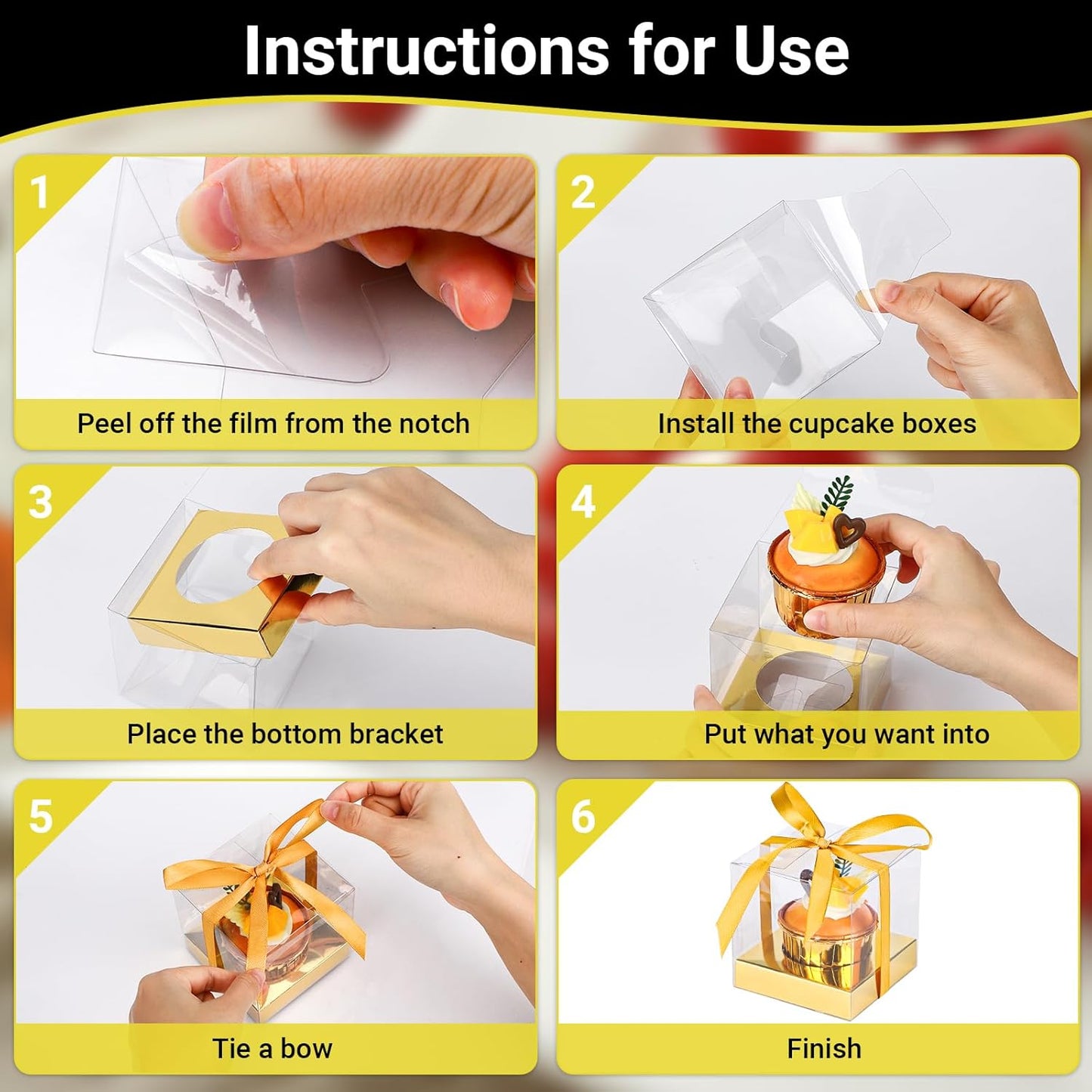 EUSOAR Individual Cupcake Holder, 50pcs 3.5 Inch Plastic Black Cupcake Containers with Lids, Single Transparent Display Clear Cupcake Carrier with Ribbon and Inserts for Wedding Party Favor