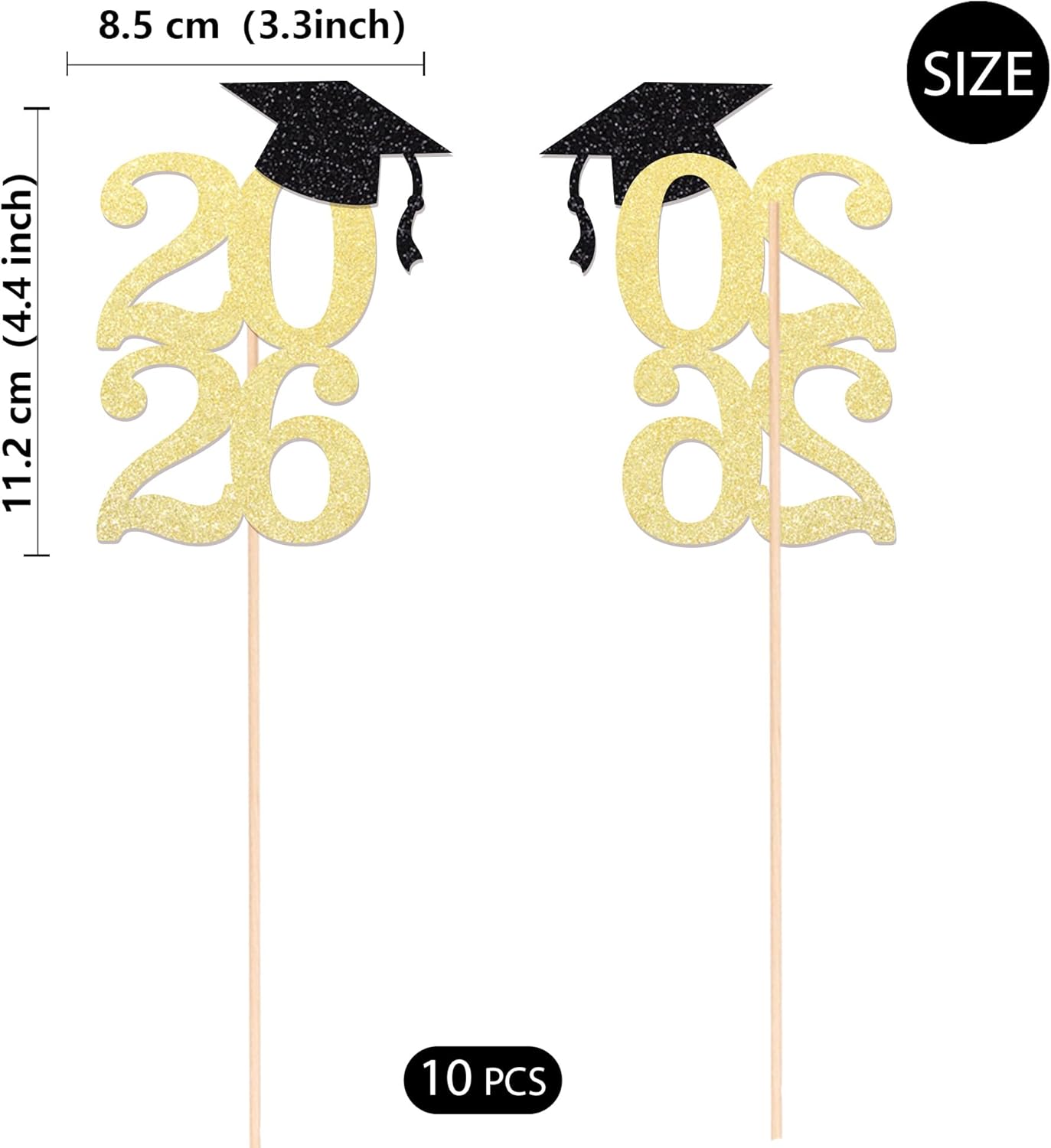 Class of 2026 Graduation Centerpieces, 10 Pcs Gold Glitter 2026 Centerpieces with Graduation Cap, Congrats Grad Party Decorations for Cake, Dessert & Centerpieces