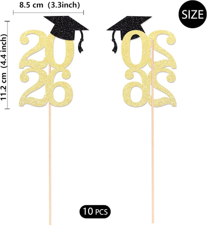 Class of 2026 Graduation Centerpieces, 10 Pcs Gold Glitter 2026 Centerpieces with Graduation Cap, Congrats Grad Party Decorations for Cake, Dessert & Centerpieces
