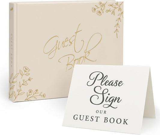 Polaroid Wedding Guest Book — 100 Blank Pages, 9×7" Elegant Hardcover Gold Foil Guestbook with Table Sign - Sign-in Photo Guest Book for Wedding Reception, Bridal Party & Baby Shower, White