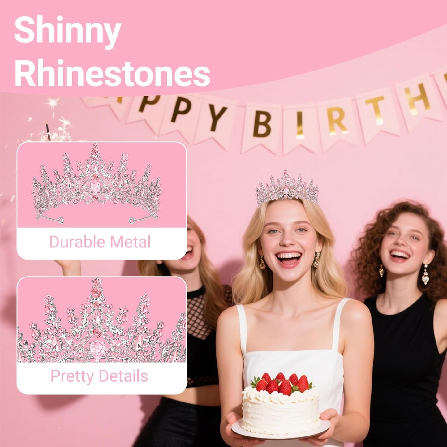Tiara Crown for Women, Headband Hair Accessories for Birthday Wedding Party Costume Pink
