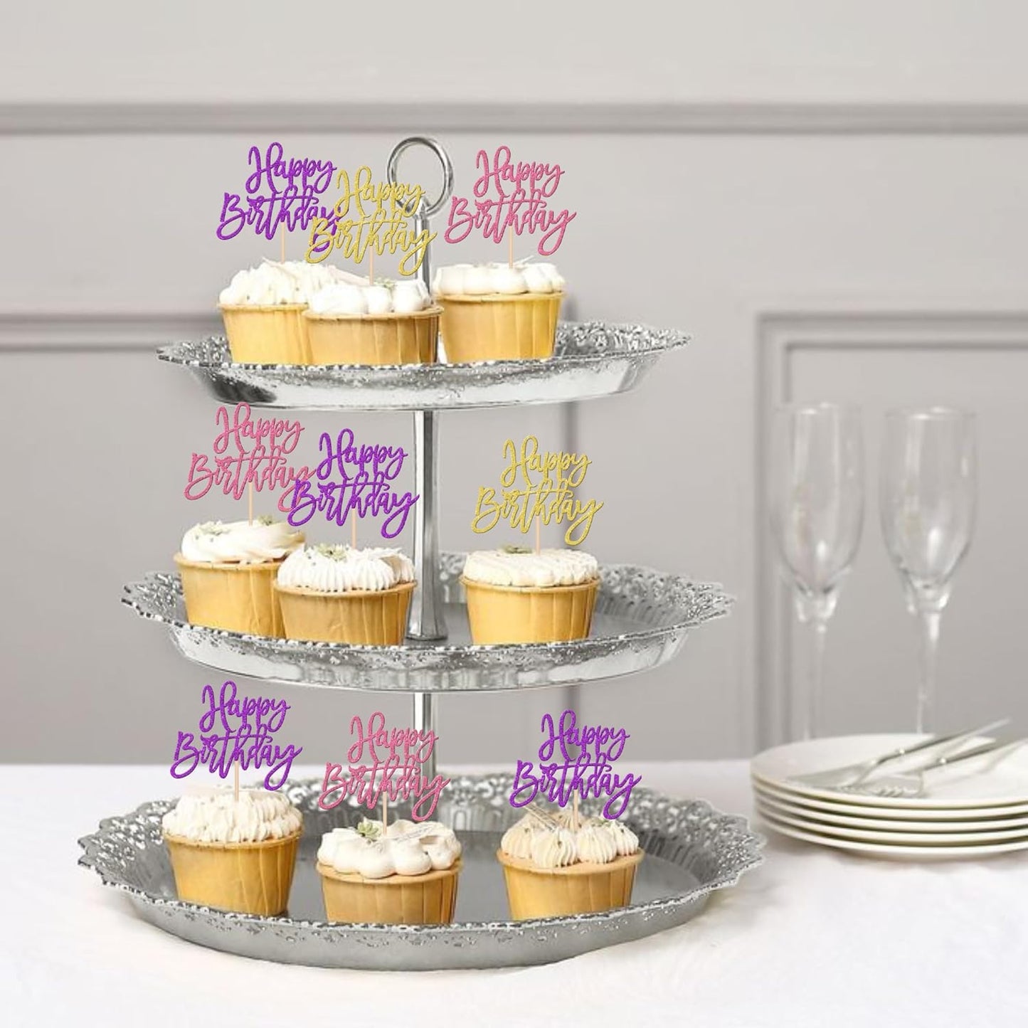 24 PCS Happy Birthday Cupcake Toppers Glitter Picks for Celebrating Anniversary Theme Party Cake Decorations Supplies Gold
