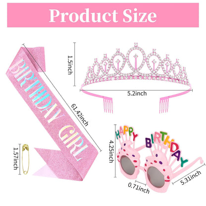 YARIEW 3rd Birthday Decorations, 3rd Glitter Purple Sash and Crown Kit with Happy Birthday Sunglasses, Tiara Princess Crown and Sash Party Outfit Accessory