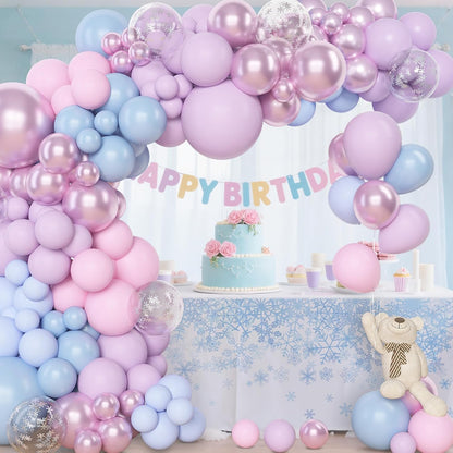 Amandir 153pcs Purple Blue Pink Balloon Garland Arch Kit, Different Sizes 18 12 10 5 inch Teal Yellow Latex Metallic Confetti Balloons for Magic Birthday Engagement Party Decoration