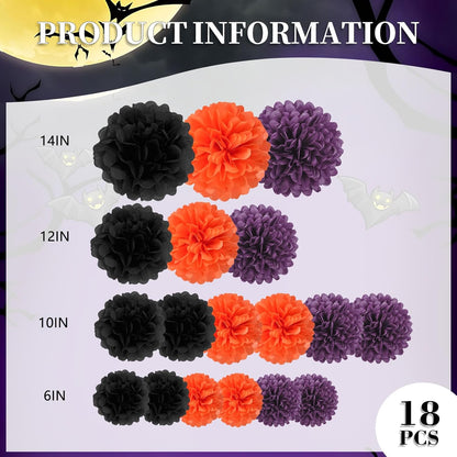 18 PCS Tissue Paper Pom Poms, Tissue Pom Poms Flowers, Sizes of 6", 10", 12", 14" Hanging Paper Flower Ball for Wedding, Birthday, Halloween, Christmas, Baby Shower Party Decor (Red Black Gold)