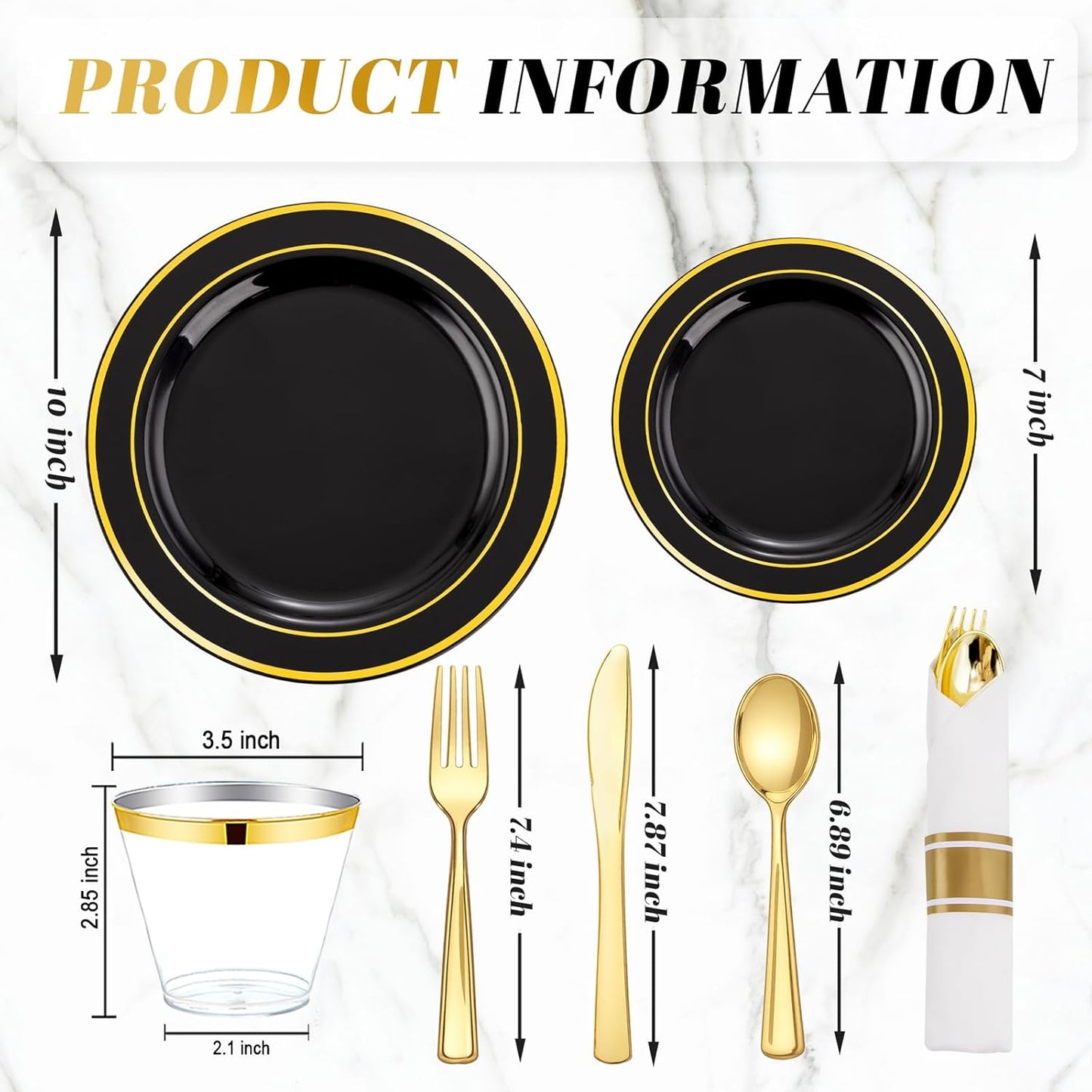 350 Pieces Black and Gold Plastic Plates with Disposable Silverware, Include 50 Dinner Plates 9”, 50 Dessert Plates 6.3”, 50 Black Cups 9 OZ, 50 Pre Rolled Napkins for Wedding Party Graduation