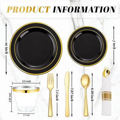 350 Pieces Black and Gold Plastic Plates with Disposable Silverware, Include 50 Dinner Plates 9”, 50 Dessert Plates 6.3”, 50 Black Cups 9 OZ, 50 Pre Rolled Napkins for Wedding Party Graduation