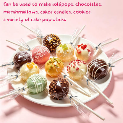 Basquei Cake Pop Sticks 6 Inches, Cake Pop Bags (3.9"X4.7"), Pink Metallic Twist Ties, 300 Pcs Cake Pop Kit Used for, Lollipops Cake, Candies, Chocolates Making Tools