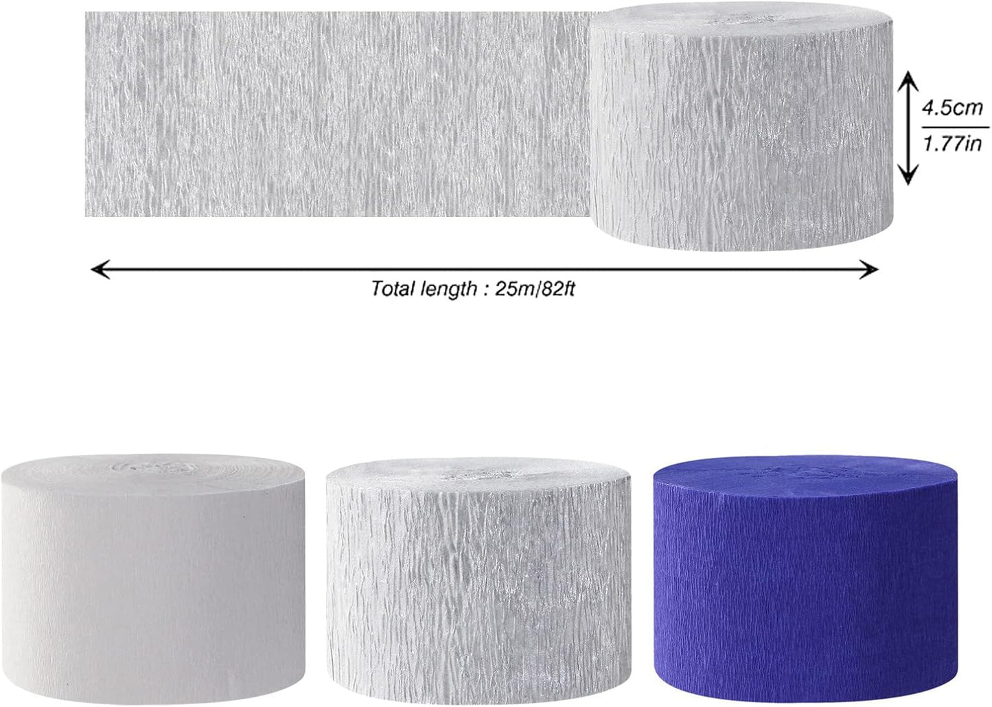 Navy-Blue White- Silver Crepe Paper Streamers - 9 Rolls Royal Blue Graduation 2025 Men Boy Birthday Party Decorations Streamer Wedding Bridal Shower Paper Garland Fathers Day Decor Panduola