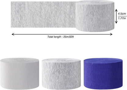 Navy-Blue White- Silver Crepe Paper Streamers - 9 Rolls Royal Blue Graduation 2025 Men Boy Birthday Party Decorations Streamer Wedding Bridal Shower Paper Garland Fathers Day Decor Panduola