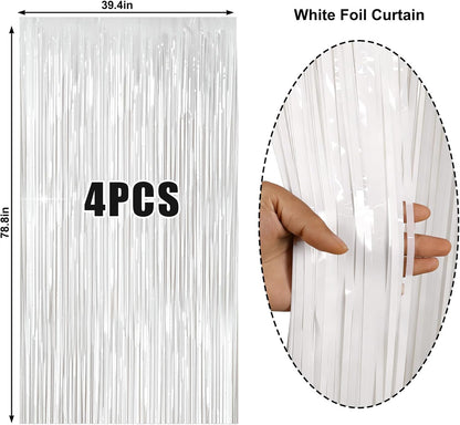 4 Packs Silver Foil Fringe Curtain, Silver Glitter Metallic Tinsel Backdrop for Birthday, Wedding, Baby Shower, Bachelorette, 70s 80s 90s Theme Disco Party, Iridescent Party Decorations Supplies