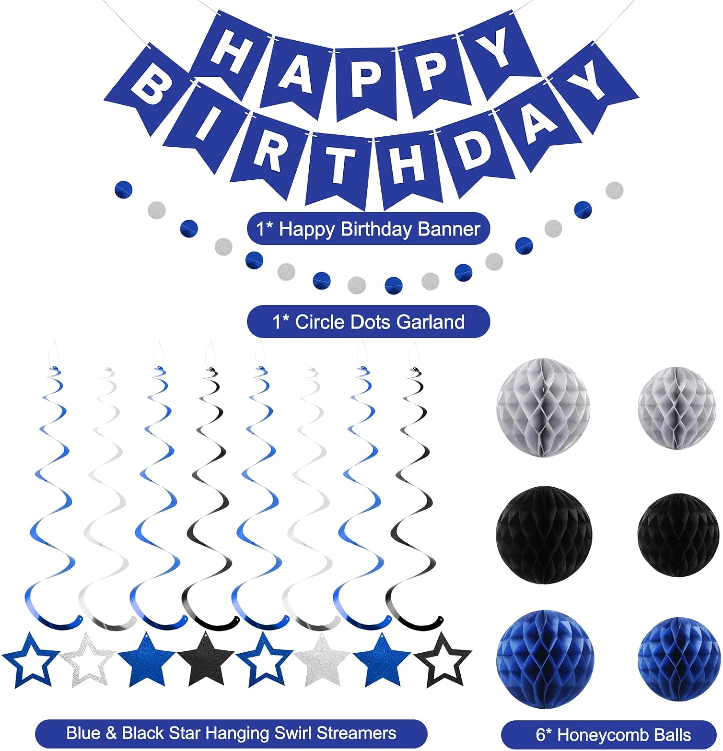 meowtastic Birthday Decorations, Happy Birthday Banner with Honeycomb Balls, Stars Hanging Swirl Streamers, Circle Dots Garland, Happy Birthday Party Decorations for Women Men Boys Girls (Blue)