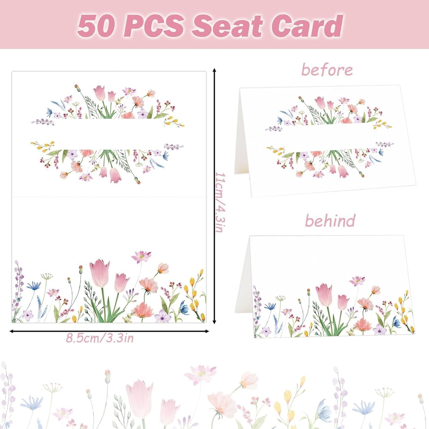 50Pcs Thanksgiving Name Cards for Table, Floral Name Card for Table Setting, 3.3" x 2" Tent Cards for Wedding Engagement Bridal Shower Birthday