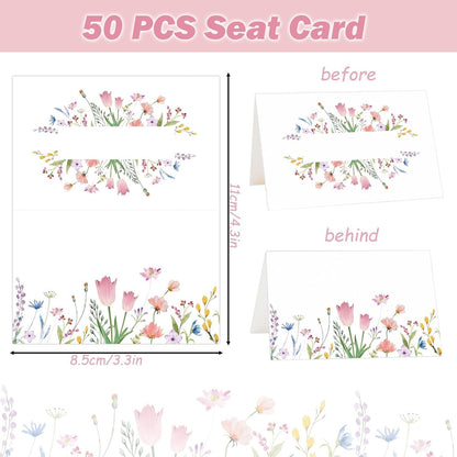 50Pcs Thanksgiving Name Cards for Table, Floral Name Card for Table Setting, 3.3" x 2" Tent Cards for Wedding Engagement Bridal Shower Birthday