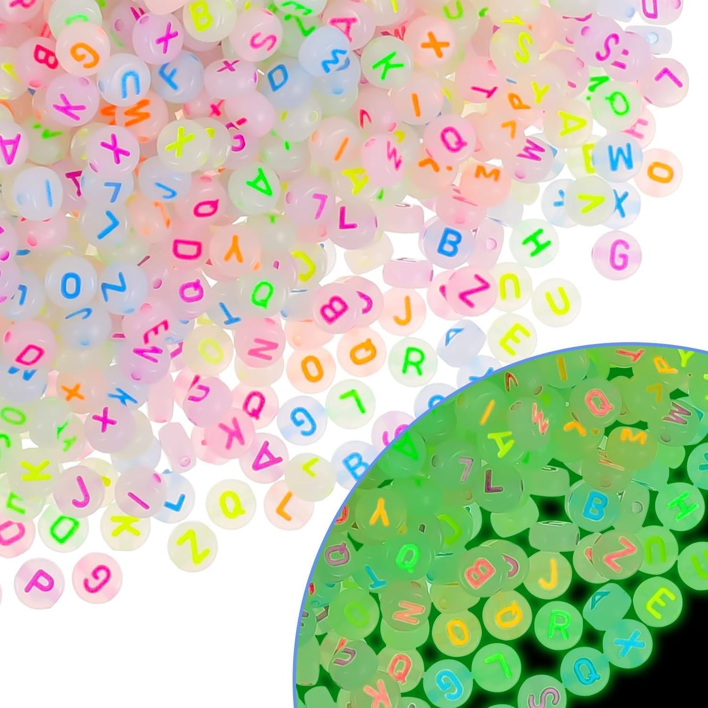 1000Pcs Glow Letter Beads Acrylic Alphabet Bead Glow in The Dark, 4x7 mm Round Beads for Friendship Bracelets and DIY Crafts