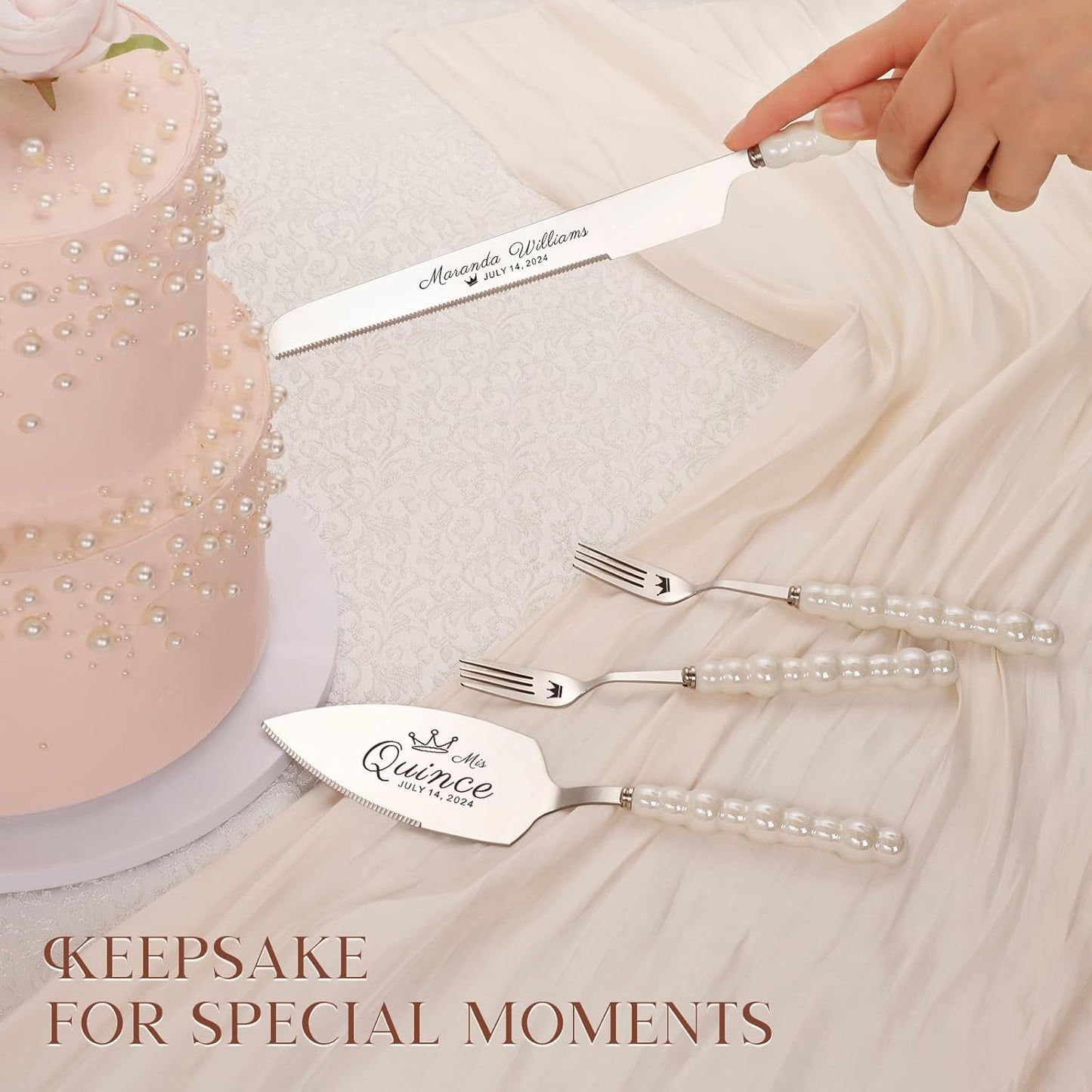 Pearl Wedding Cake Knife and Server Set with Forks, Cake Cutting Set with Stainless Steel Serrated Edges, Silver Pie Cutter Pizza Spatula, Gift for Bridal Couples Engagement (Mr & Mrs)