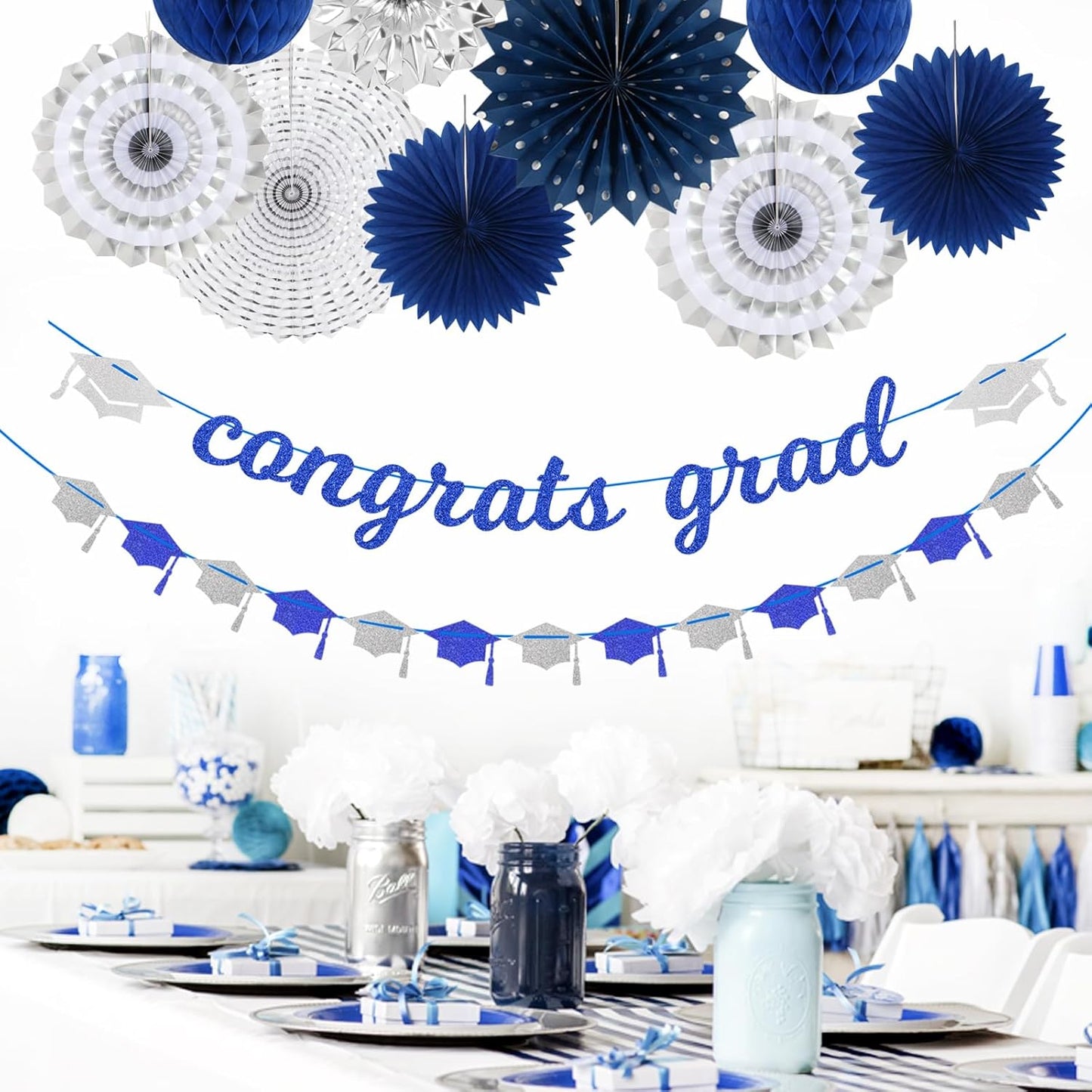 Navy-Blue White Silver Tissue Pom-Poms - 15pcs 5 Size Party Decorations Paper Flowers,Graduation Wedding Baby Bridal Shower Room Hanging Decorations Boy Birthday Party Backdrop Decor Panduola